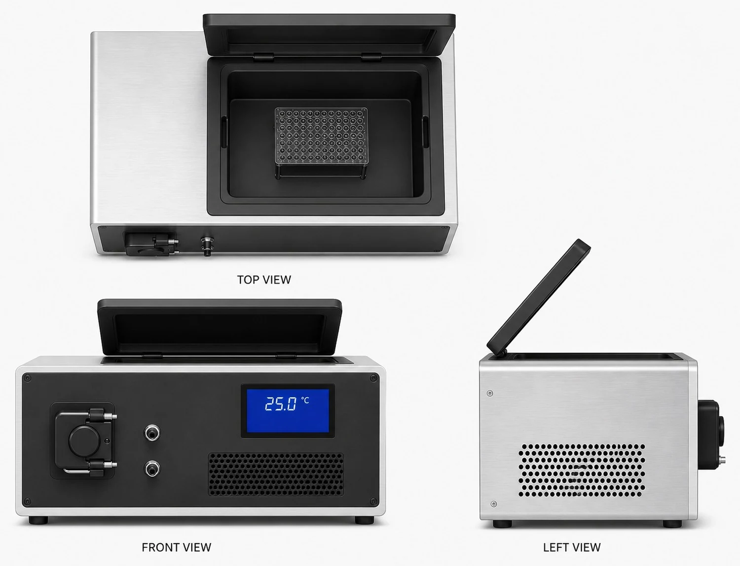 Top, front, and left views of the benchtop dialysate circulator